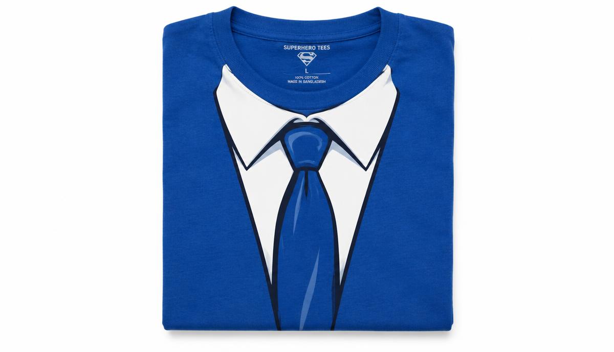 Blue superhero shirt-and-tie costume t-shirt with printed collar and tie